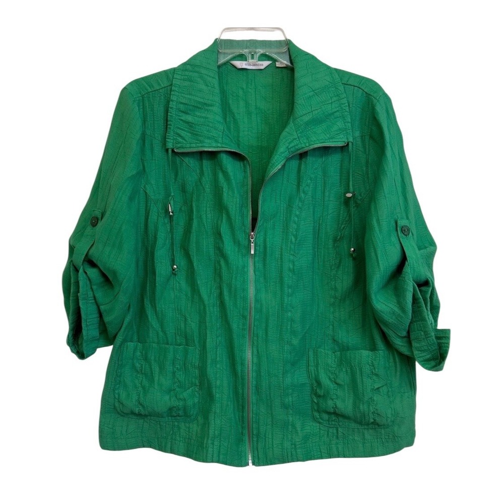 Erin London Green Textured Zip Up Jacket 3/4 Sleeve Utility Pockets Women Large